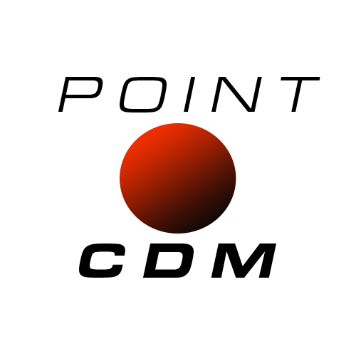 A neon orange card with a dark round globe icon. POINT is written above the icon, and CDM is written below.